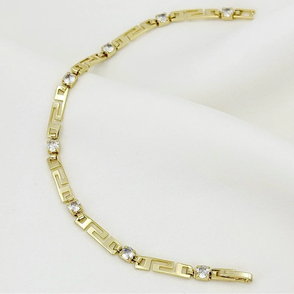 14k Gold Plated Greek Key Meander Bracelet with Cubic Zirconia Stones